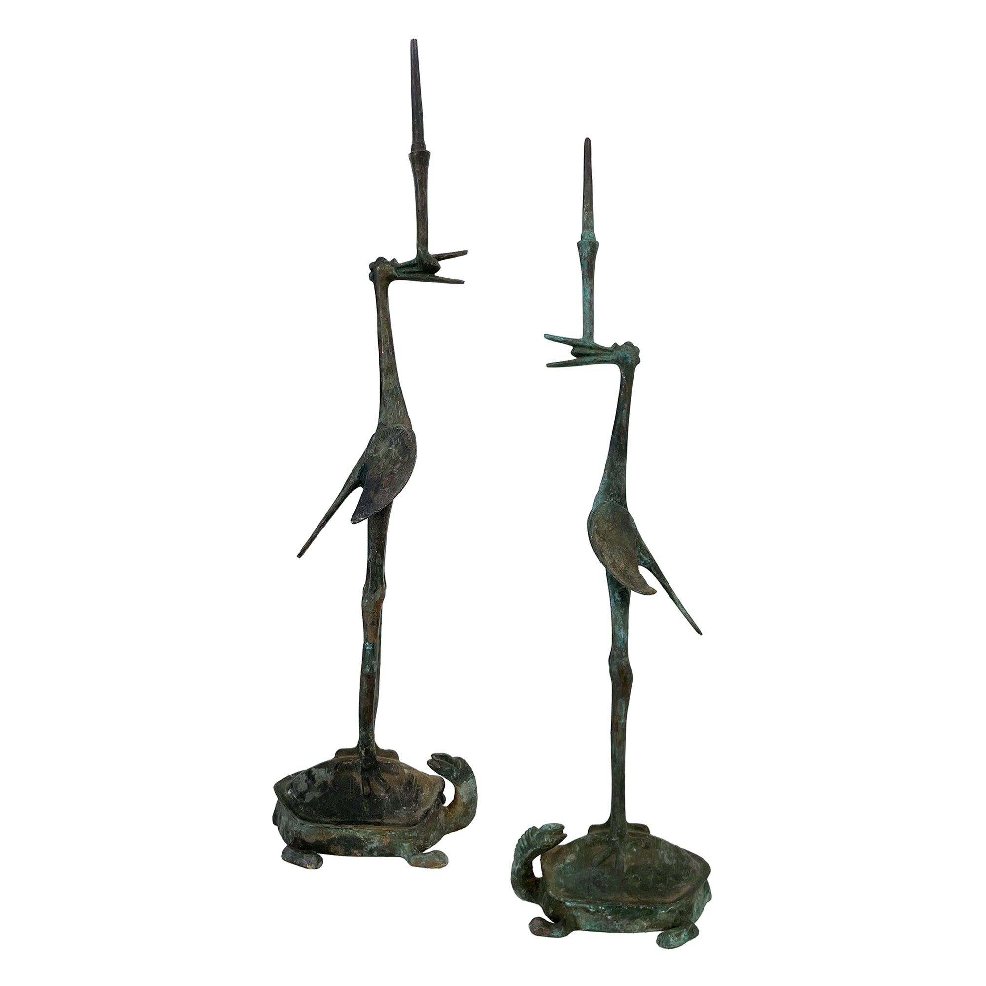 Pair of Cast Bronze Turtle & Crane Candle Pricket Sticks