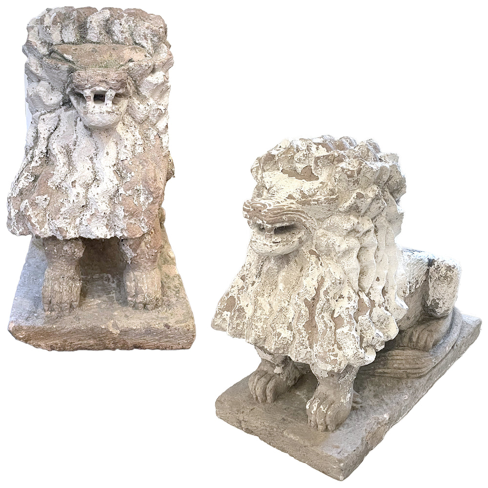 Pair of Cast Stone Stylized Lion Garden Sculptures