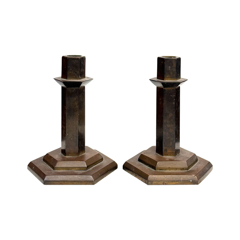 Pair of Chunky Machined Bronze Geometric Candlesticks