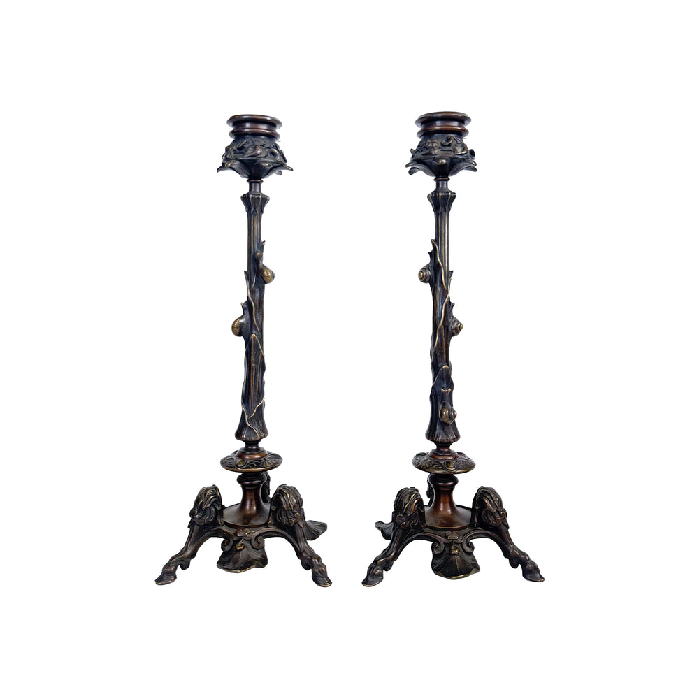 Pair of French Bronze Art Nouveau Candlesticks with Snails Motif