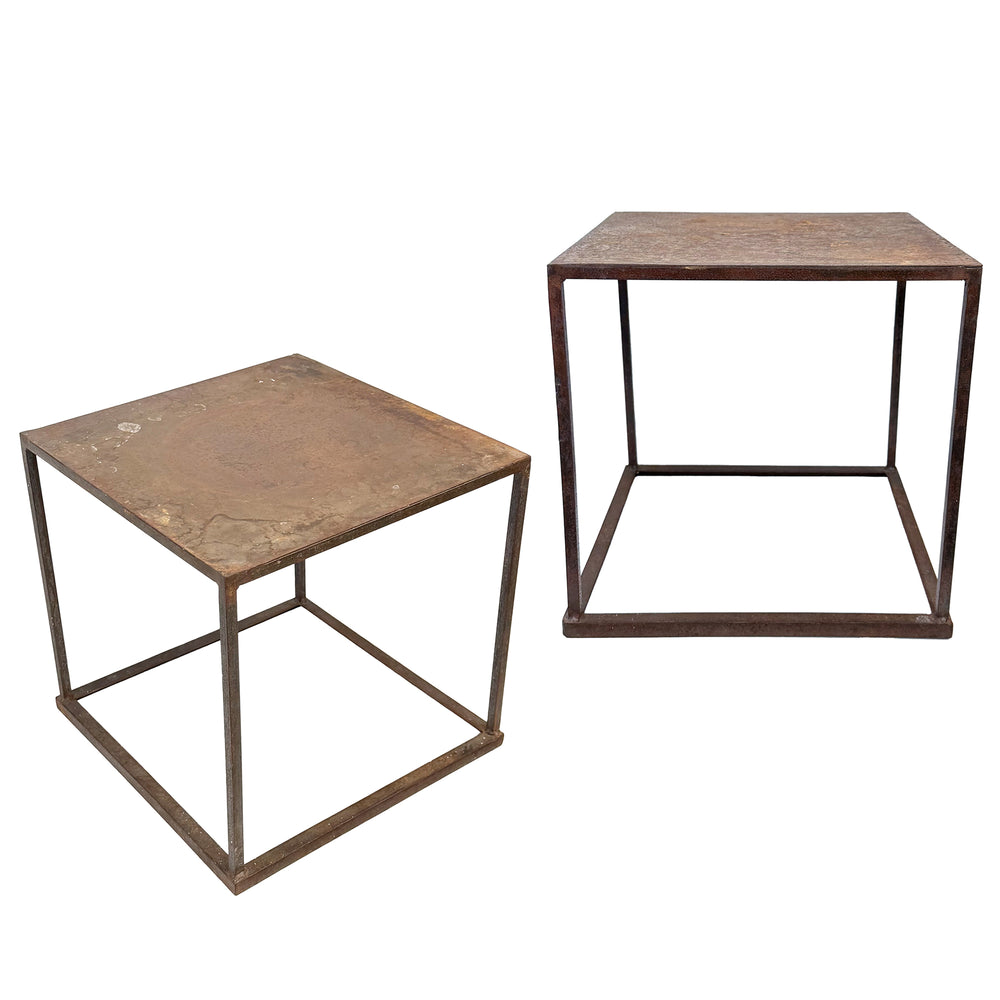 Pair of Hand-Fabricated Iron Cube Outdoor Side Tables