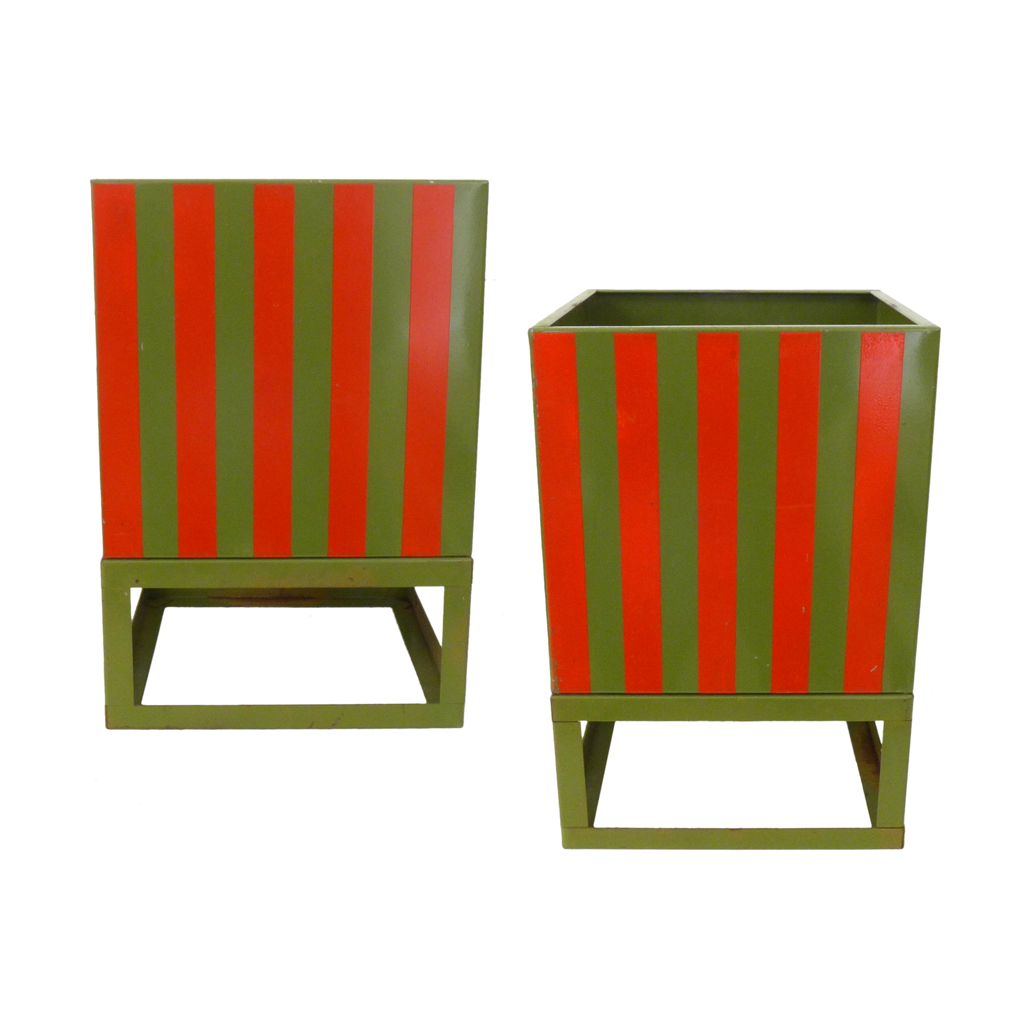 Pair of Striped Metal Planters on Stands