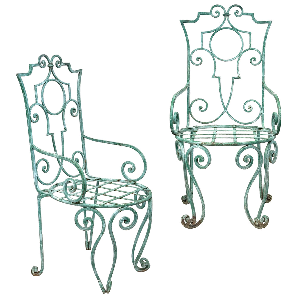 Pair of Wrought Iron Regency Garden Chairs with Applied Patina