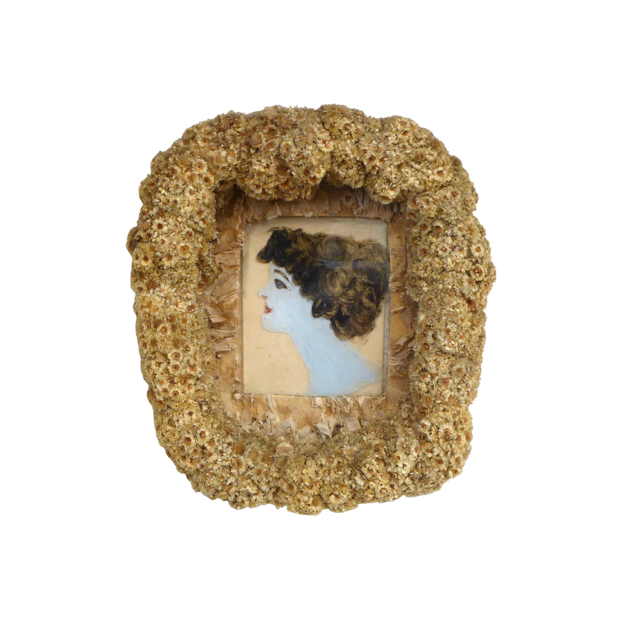 Petite Reverse-Painted Glass Portrait in Dried Flowers Frame
