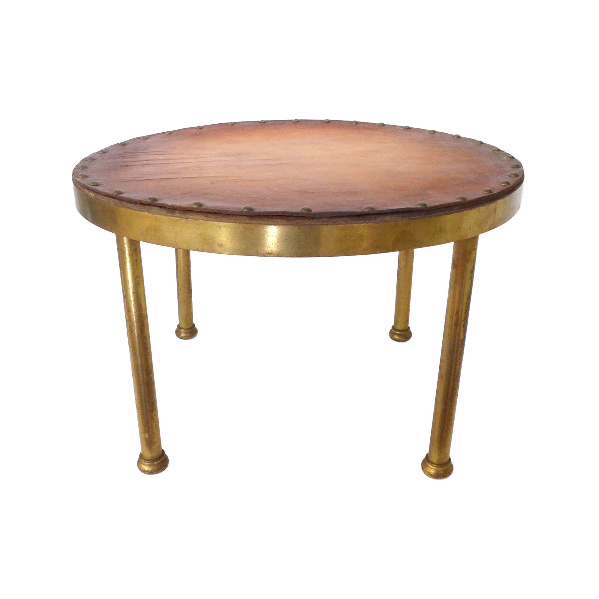 Round Brass & Studded Leather Side Table