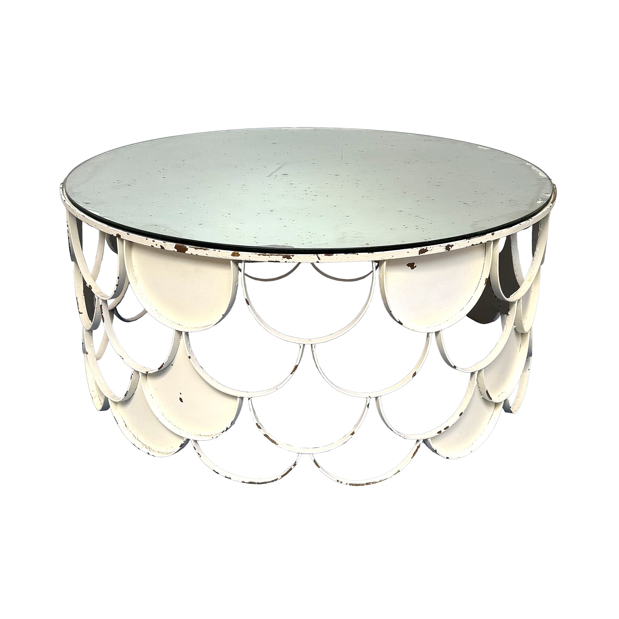 Round Scalloped Brass & Mirrored Glass Coffee Table