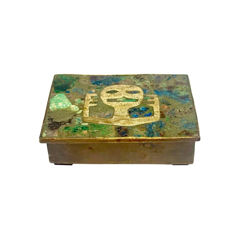 Small Mexican Brass & Mixed Stone Box with Figural Design