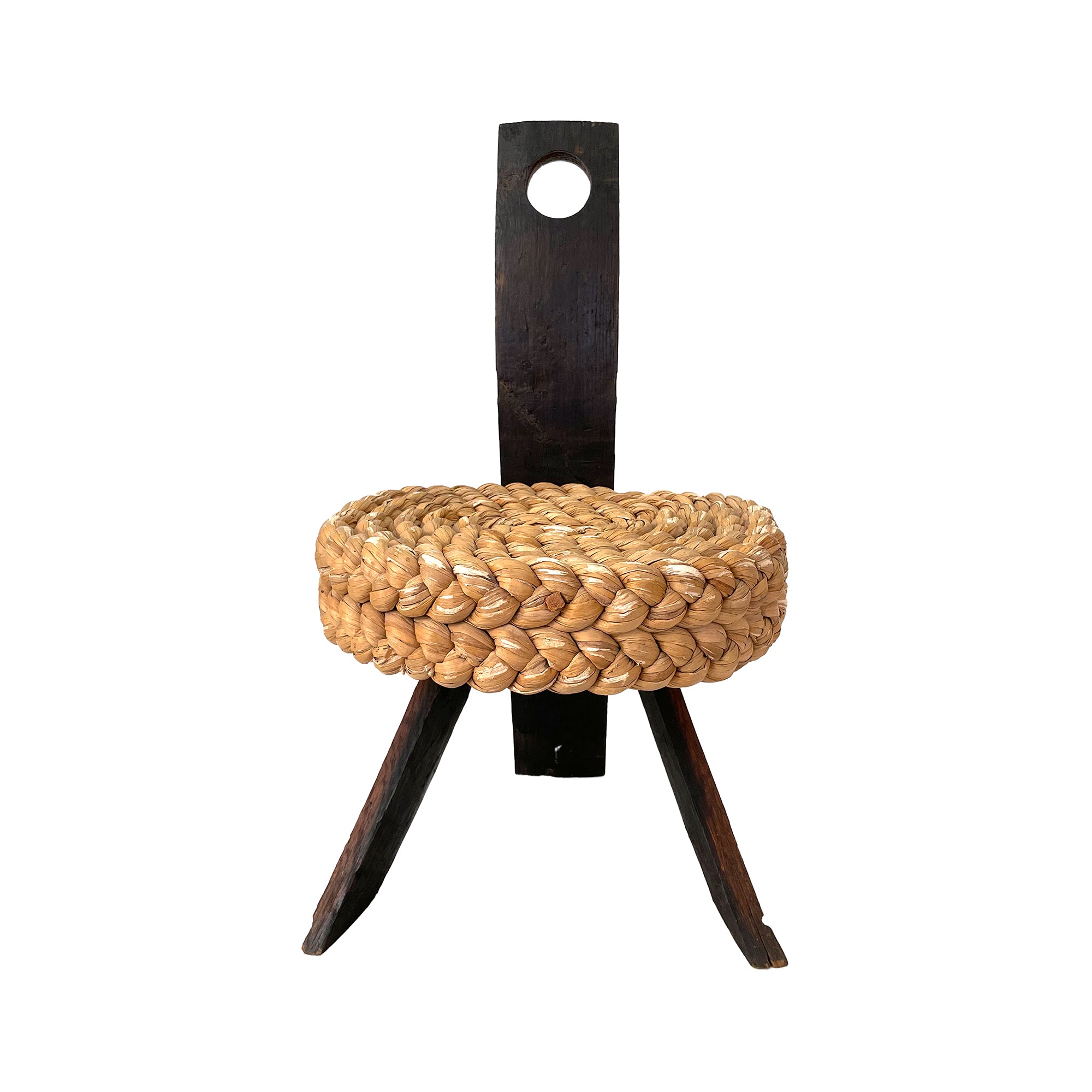 Small French Sculptural Wood & Woven Rush Chair