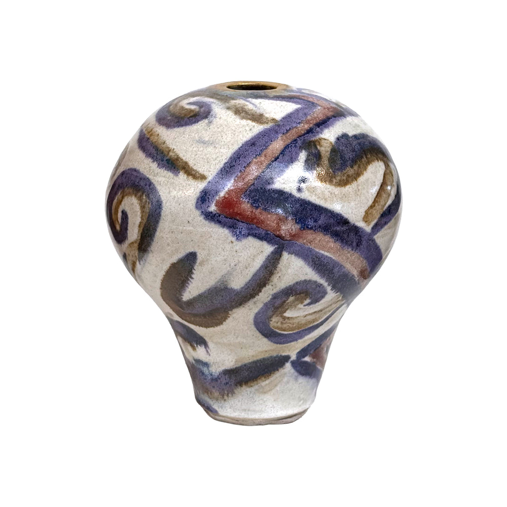 Studio Ceramic Bulbous Vase with Abstract Decoration by Takeo Tomono