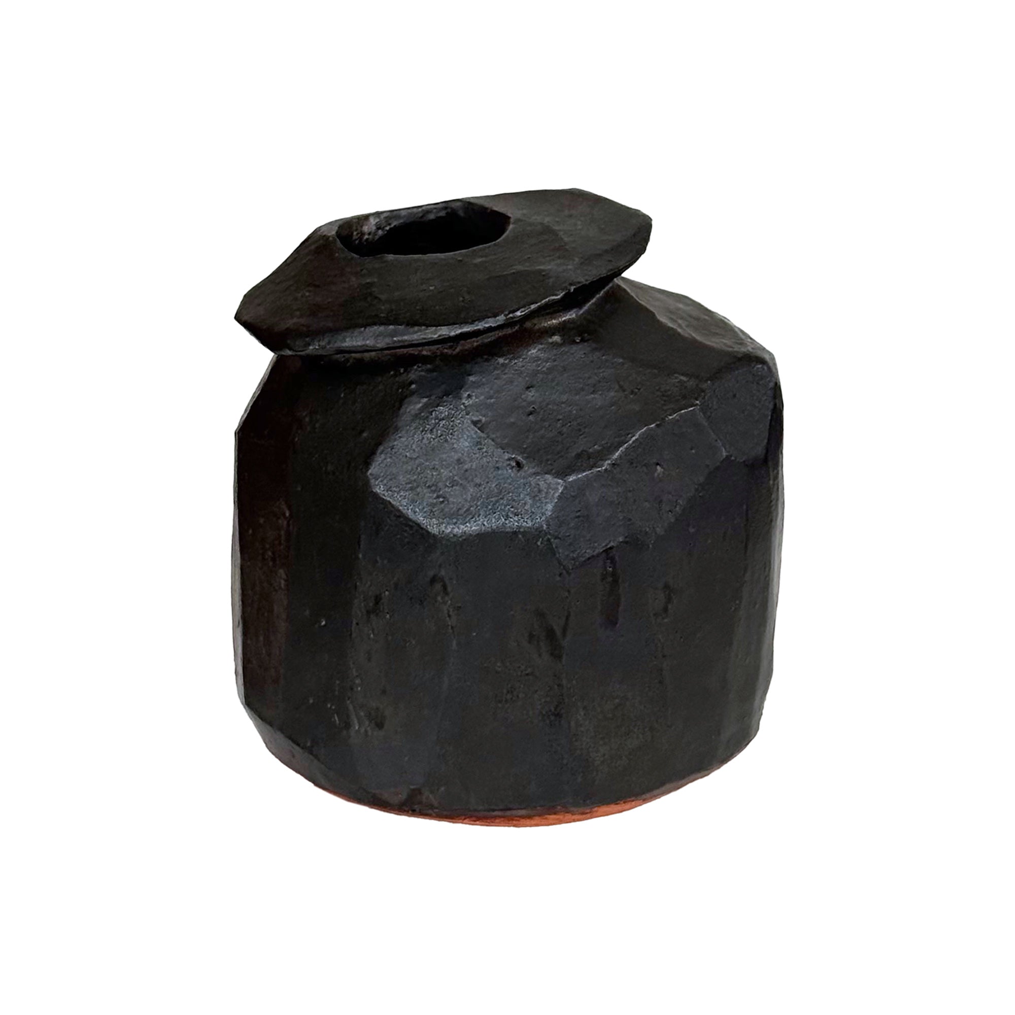 Studio Ceramic Faceted Bud Vase with Black Glaze