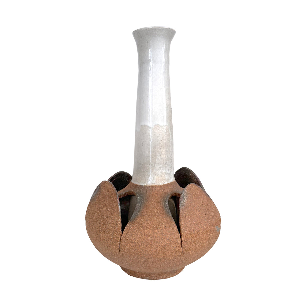 Studio Ceramic Partially-Glazed Vase with Cut-Out Flaps