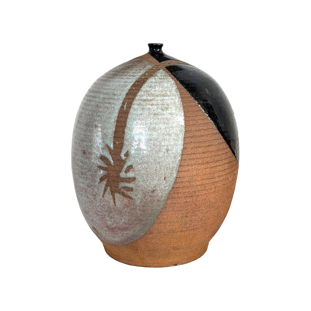Studio Ceramic Partially Glazed Bud Vase with Palms Decoration