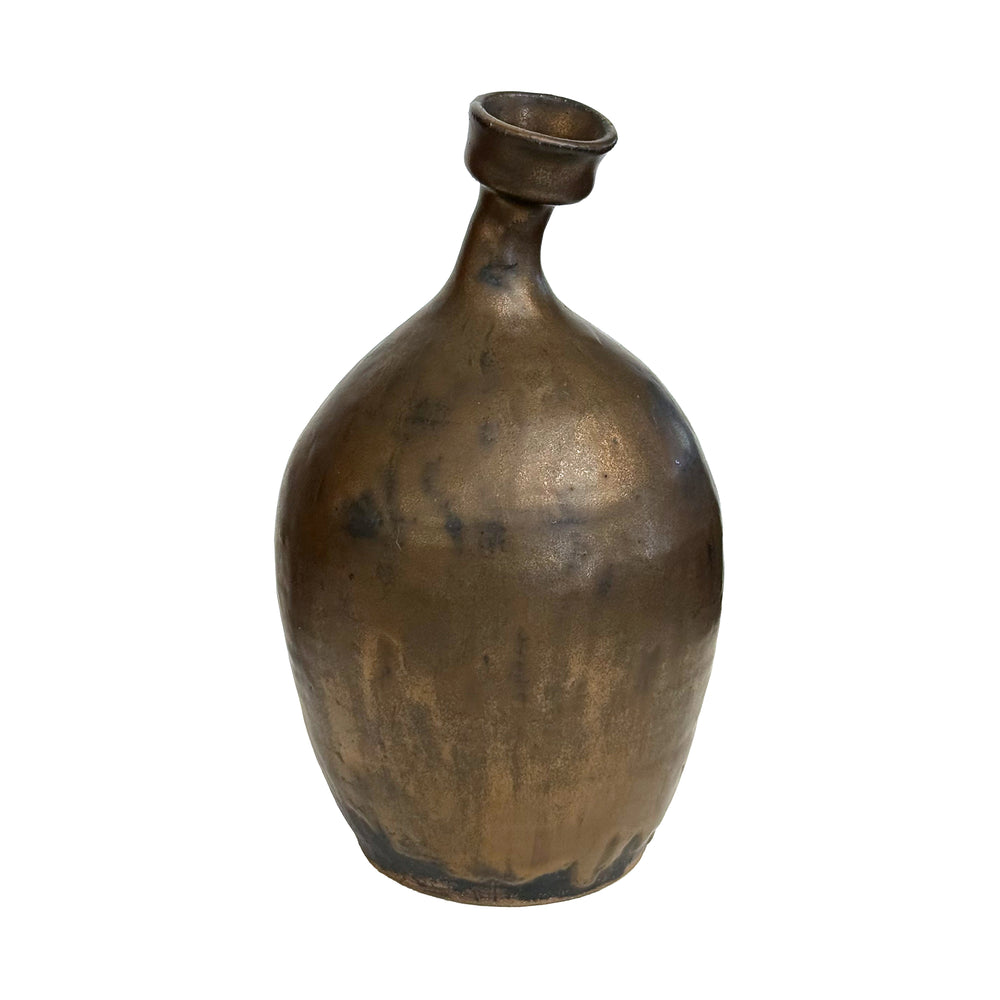 Studio Ceramic Vase in Bronze Glaze with Wilting Neck