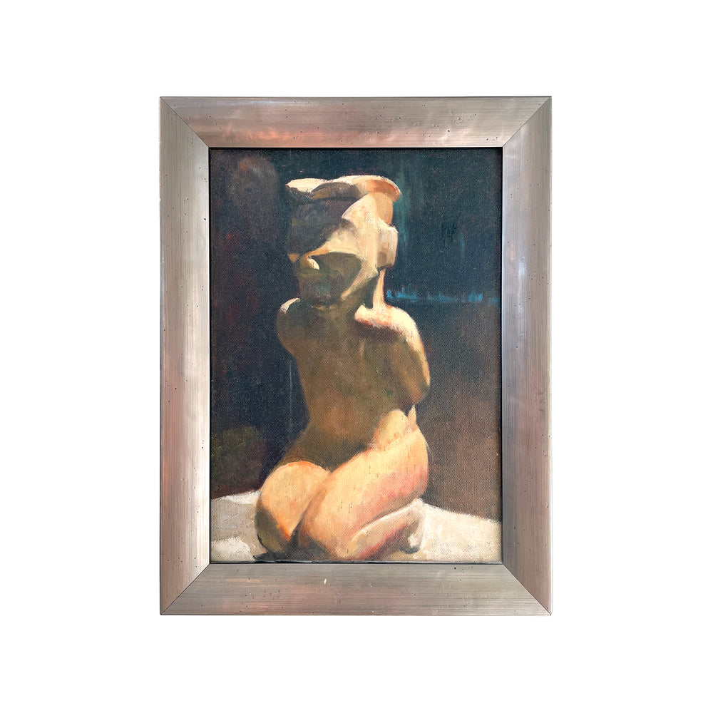 Surrealist Figural Painting with Carved Stone Head