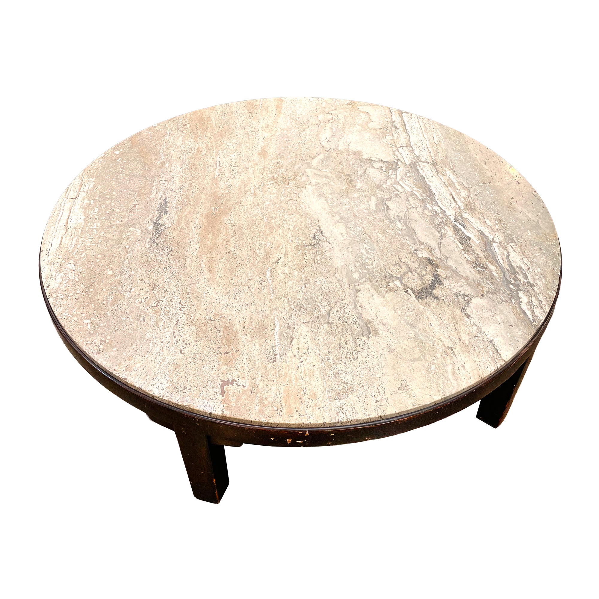 Large Round Travertine & Wood Coffee Table by Dunbar