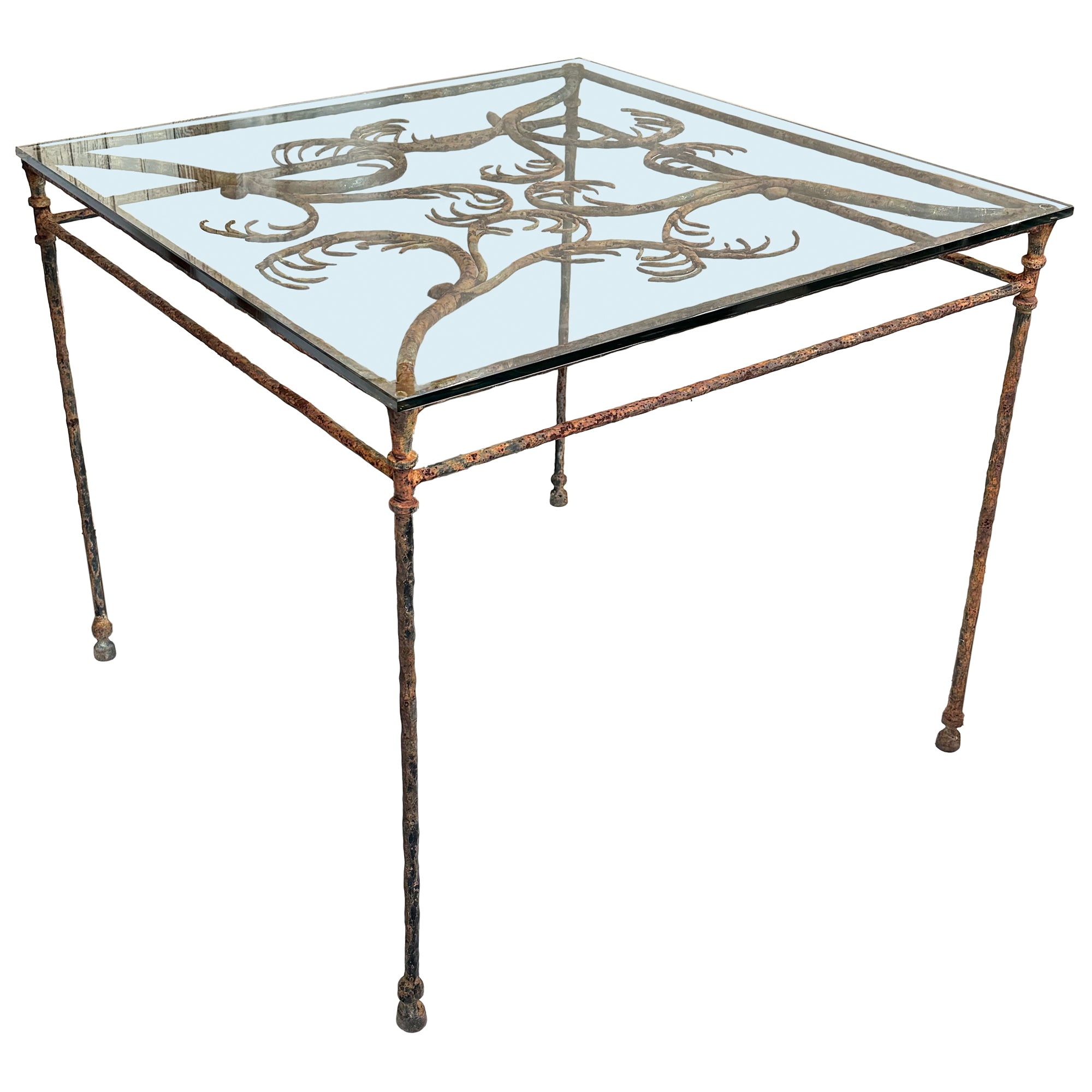 Wrought Iron & Glass Outdoor Dining Table with Phylomorphic Motif