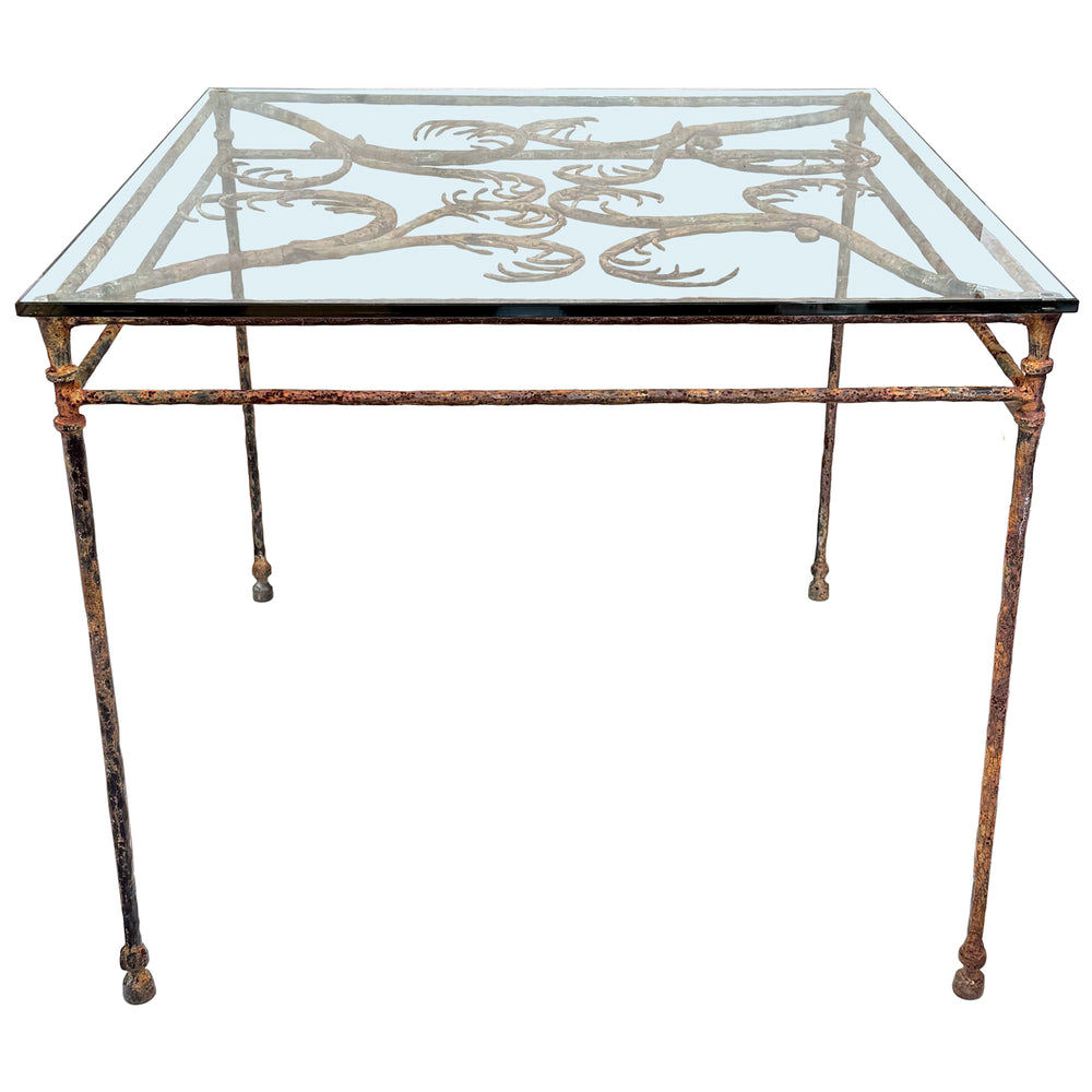 Wrought Iron & Glass Outdoor Dining Table with Phylomorphic Motif