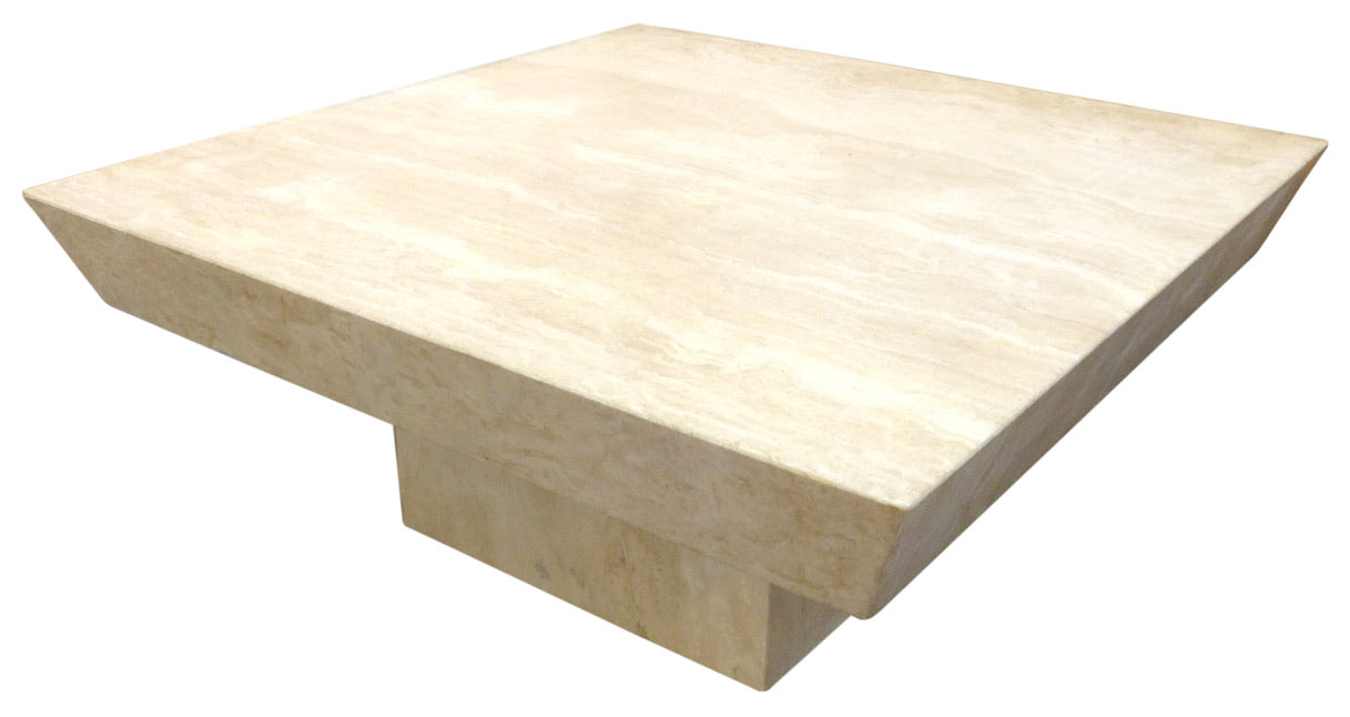 Chunky Reverse-Bevel Square Travertine Coffee Table