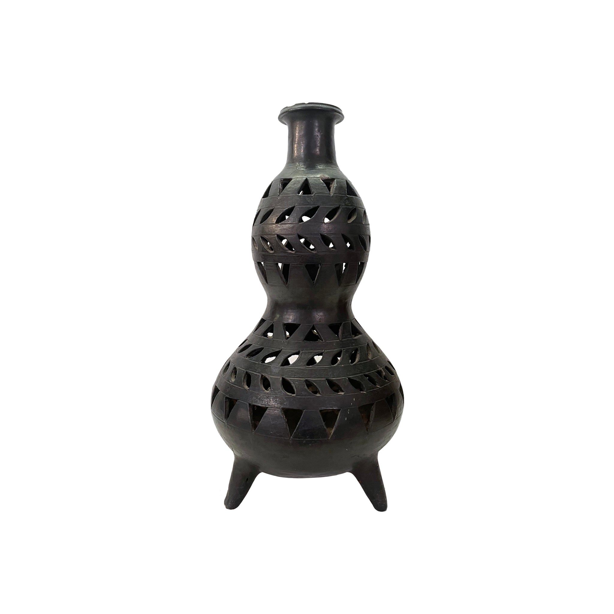 Oaxacan Tall Double Gourd Black Ceramic Vase with Geometric Cutouts