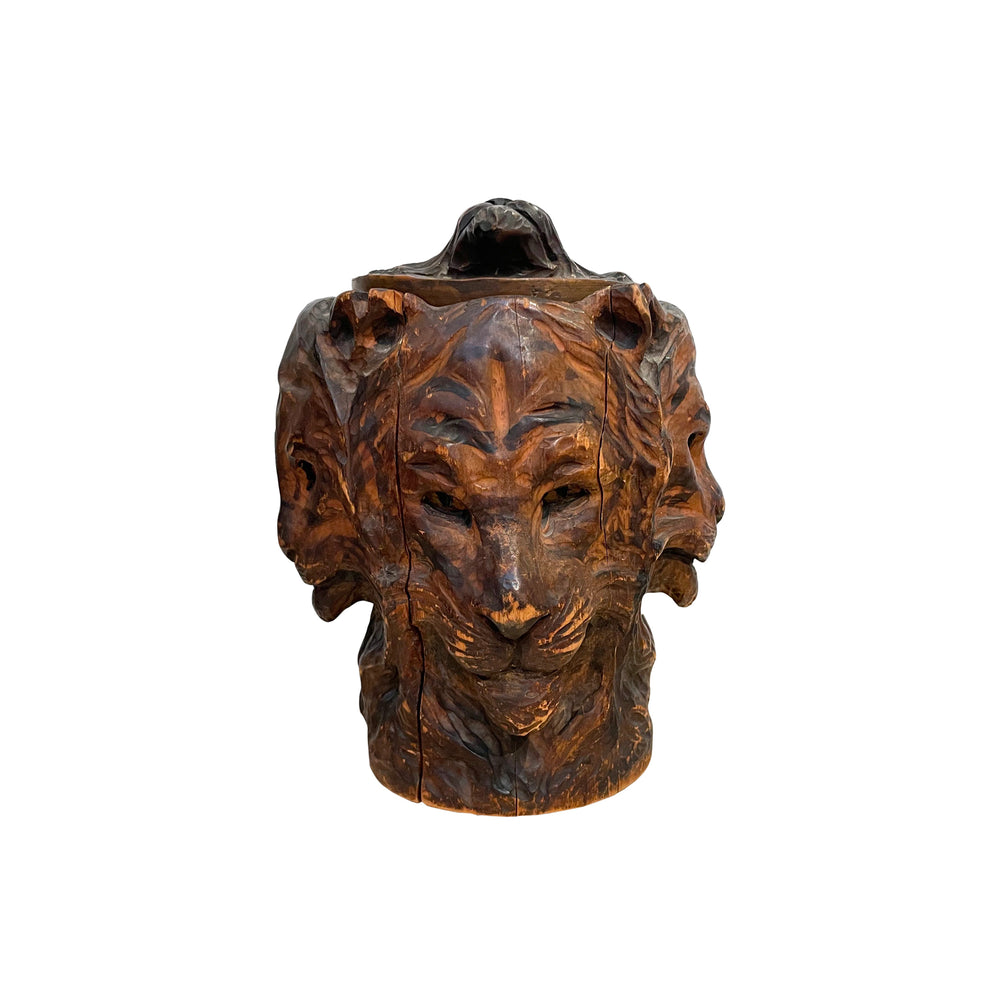 Carved Wood 5 Lion Heads Lidded Box
