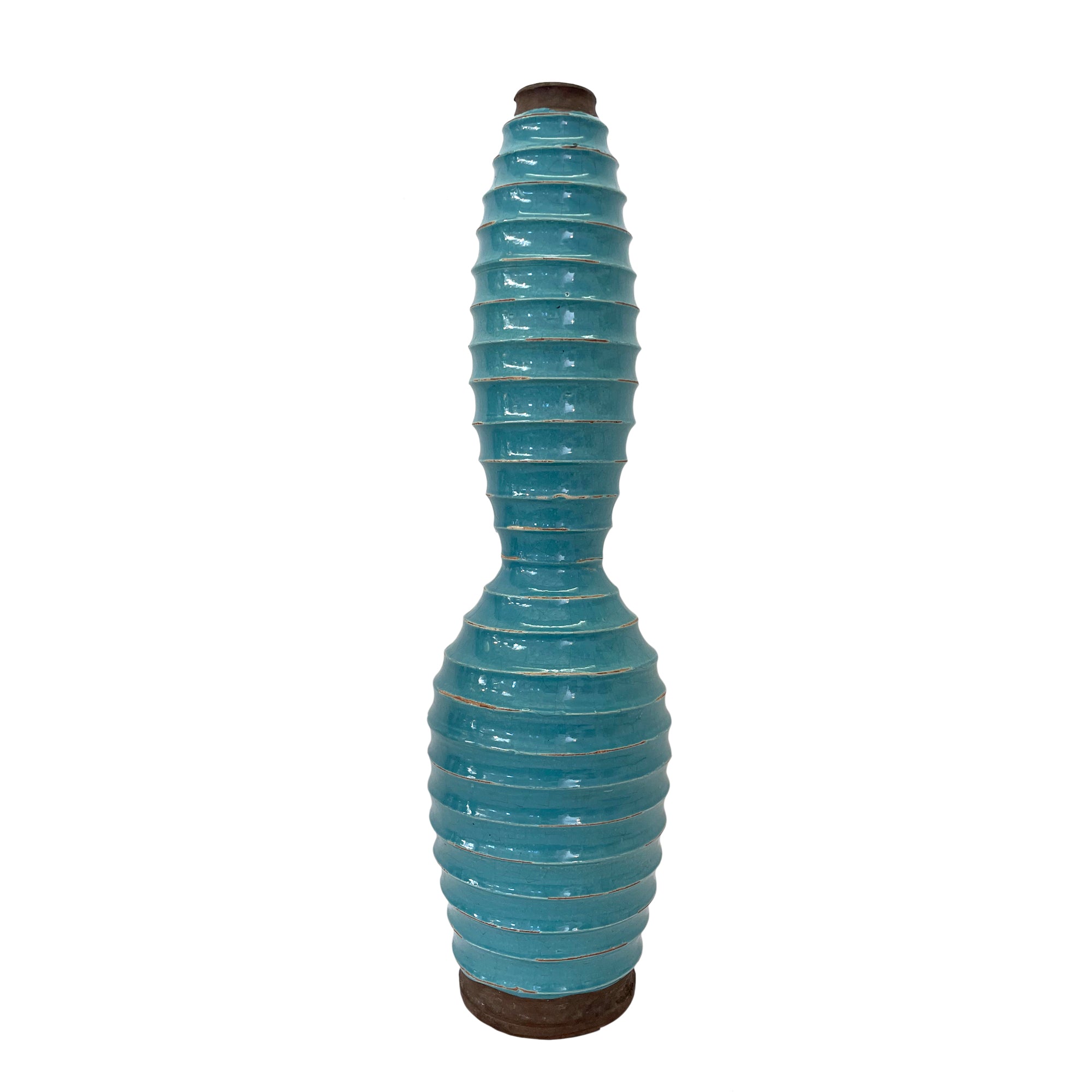 Tall Studio Ceramic Reeded Turquoise Glaze Vase