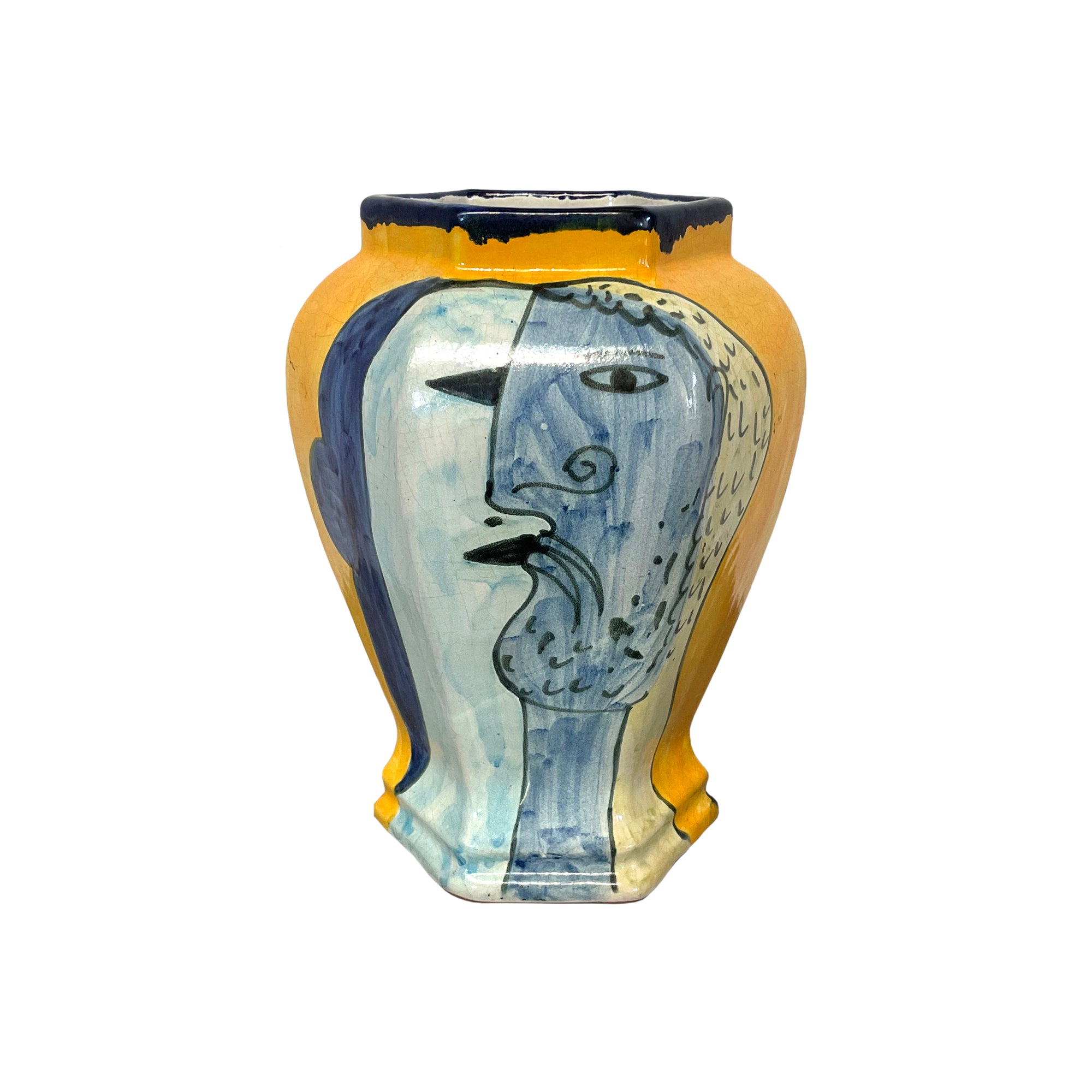 Mexican Studio Ceramic Faceted Vase with Cubist Face Glaze