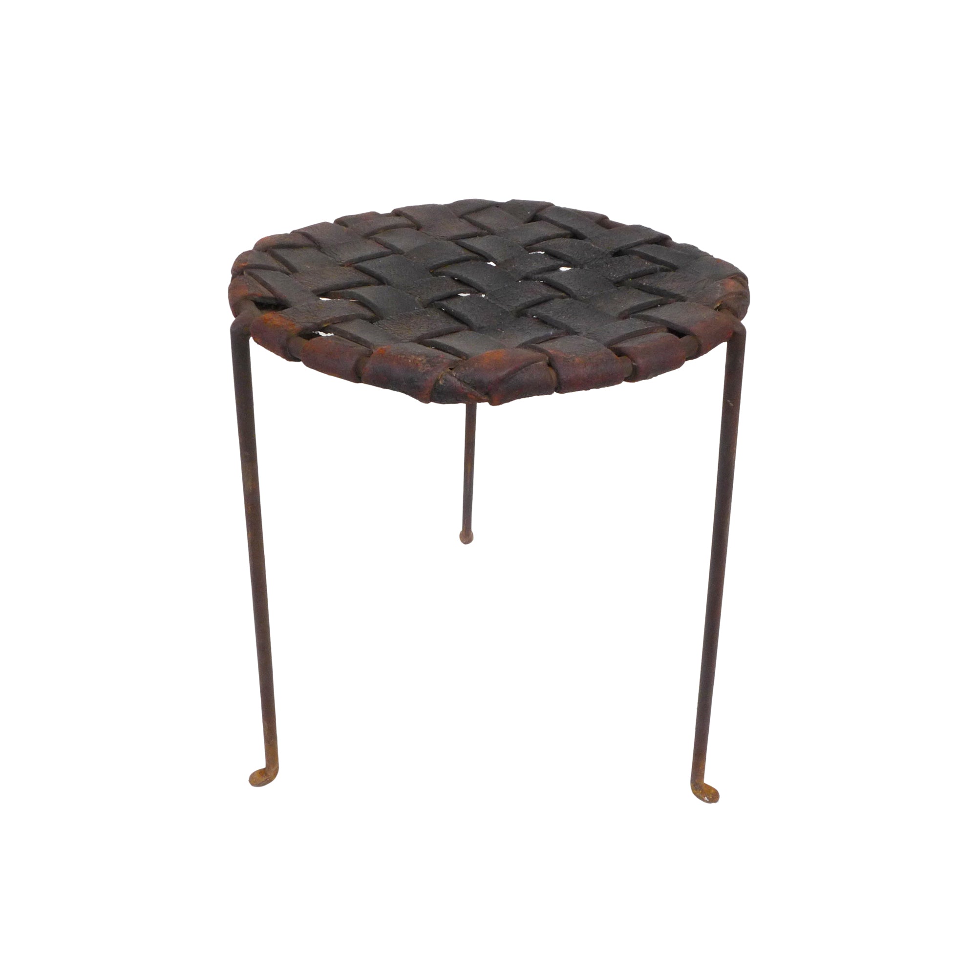 Pair of Iron & Woven Leather “Hippie” Stools by Swift & Monell