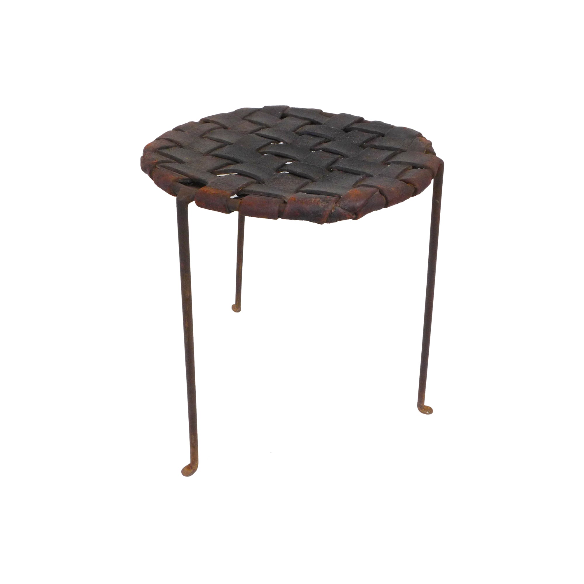 Pair of Iron & Woven Leather “Hippie” Stools by Swift & Monell
