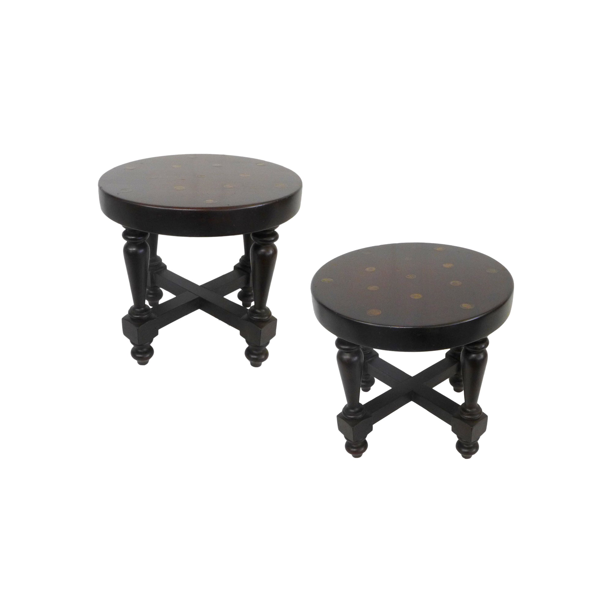 Pair of Low Turned Wood Stools or Side Tables with Inset Coins