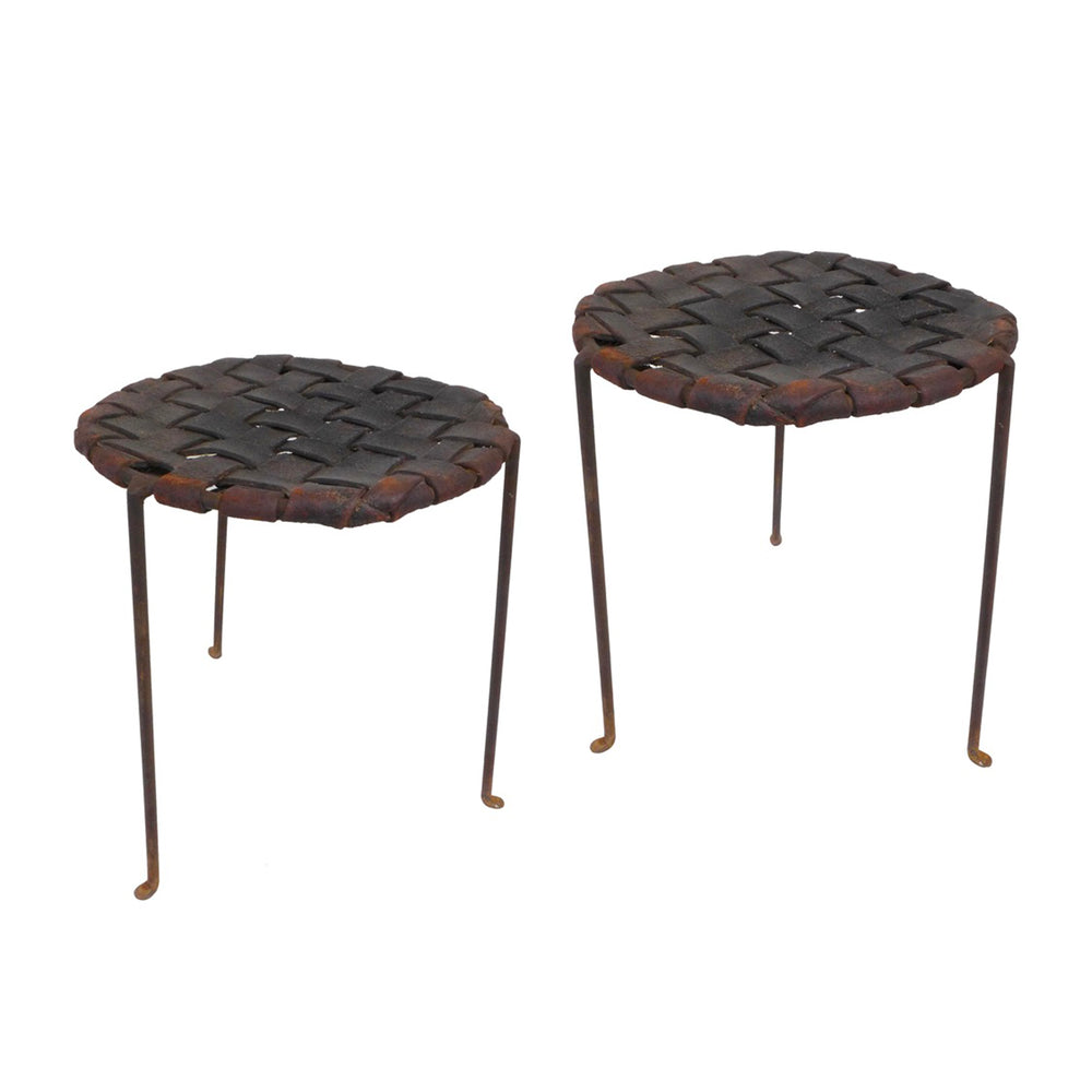 Pair of Iron & Woven Leather “Hippie” Stools by Swift & Monell